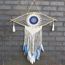 Dream Catcher (Prinzător de Vise) Protector - Ochi Mare Macrame - Alb / Albastru / Gri