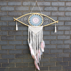 Dream Catcher (Prinzător de Vise) Protector - Ochi Mare Macrame - Albastru / Alb / Roz