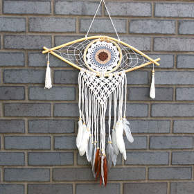 Dream Catcher (Prinzător de Vise) Protector - Ochi Mediu Macrame Alb / Gri / Maro