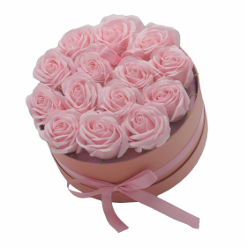 Aranjament  Flori de Săpun în Cutie Cadou - 14 Trandafiri Roz - Rotund