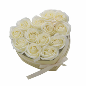 Aranjament  Flori de Săpun în Cutie Cadou - 13 Trandafiri Crem - Inimă