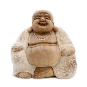 Statuie Buddha Sculptată Manual - 30 cm Fericit - Alb Spălat