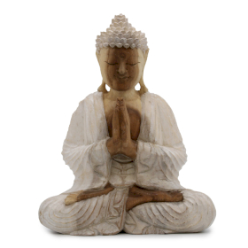 Statuie Buddha Sculptată Manual - 30 cm Bun Venit - Alb Spălat