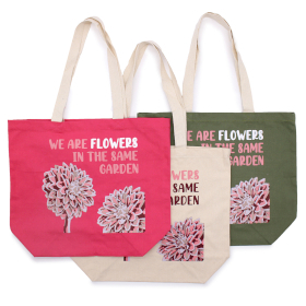 3x Geantă din Bumbac cu Imprimeu - We are Flowers - Culoarea Măslinului, Roz și Natura