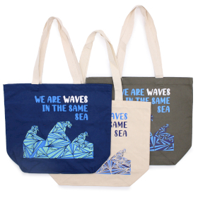 3x Geantă de Bumbac cu Imprimeu - We are Waves - Gri, Albastru și Natural