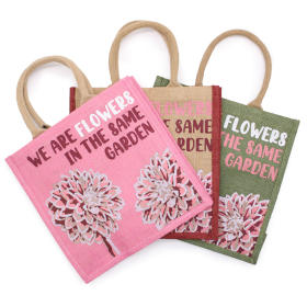 3x Genți de Iută cu Imprimeu - We are Flowers - Culoarea Măslinului, Roz și Natural