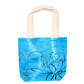 Geantă din Bumbac Tie-Dye (6 oz) - 38x42x12cm - Lotus Buddha - Albastru - Mâner Natural