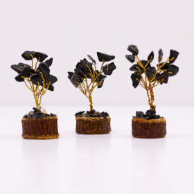 12x Mini Arbori cu Pietre Prețioase pe Suport de Lemn - Agat Negru (15 pietre)