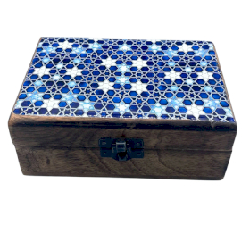 Cutie Medie din Lemn cu Ceramică - 15x10x6cm - Stele Albastre