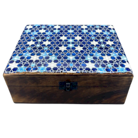 Cutie Mare din Lemn cu Glazură de Ceramică - 20x15x7.5cm - Stele Albastre
