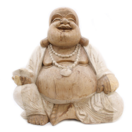 Statuie Buddha Sculptată Manual - 50cm Happy - Alb Spălat