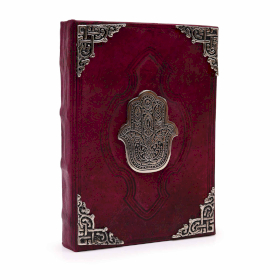 Agendă de Piele Groasă Roșu - Hamsa Decor Zinc - 200 pagini cu Chenar Decorativ - 26 x 18 cm