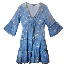 (L/XL) Rochie – Design cu Pești în Albastru Marin și Auriu