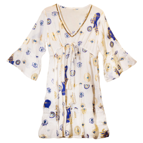 (LXL) Rochie – Design Ochi Rău în Alb, Albastru și Auriu