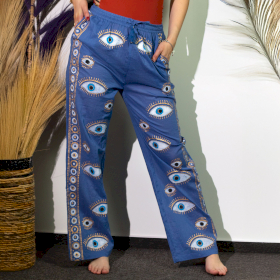 (M/L) Pantaloni Lejeri - Albastru Închis și Auriu cu Design Ochiul Rău Pictați Manual