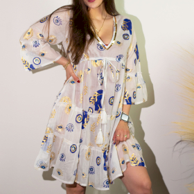(ML) Rochie – Design Ochi Rău în Alb, Albastru și Auriu