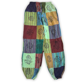 Nomad Sari - Pantaloni cu Motiv de Ciupercă - Design Block Print - Tonuri de Verde (110x120cm) L/XL