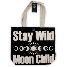 Geantă Tote Clasică Iconică – Rămâi Sălbatic(ă), Copil al Lunii – Negru Natural 10oz (36x43x10cm)