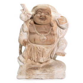 Statuie Buddha Sculptată Manual - 30cm din Lemn Bring Alb Spălat