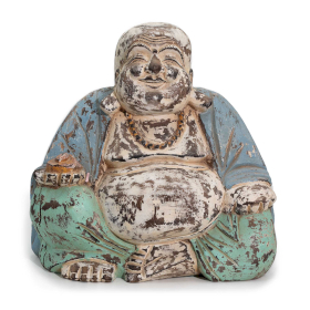Statuie Buddha Sculptată Manual Albastră - 30 cm - Buddha Fericit - Lemn Crăpat