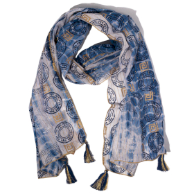 Nomad Sari – Eșarfă de Vară – 180x50cm – Imprimeu Marbella – Albastru cu Margine Aurie
