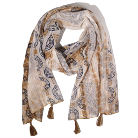 Nomad Sari – Eșarfă de Vară – 180x50cm – Imprimeu Marbella – Cafeniu cu Margine Aurie