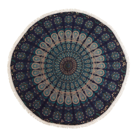Artă Rotundă Mică Mandala din Bumbac (130cm) – Păun în Nuanțe de Albastru